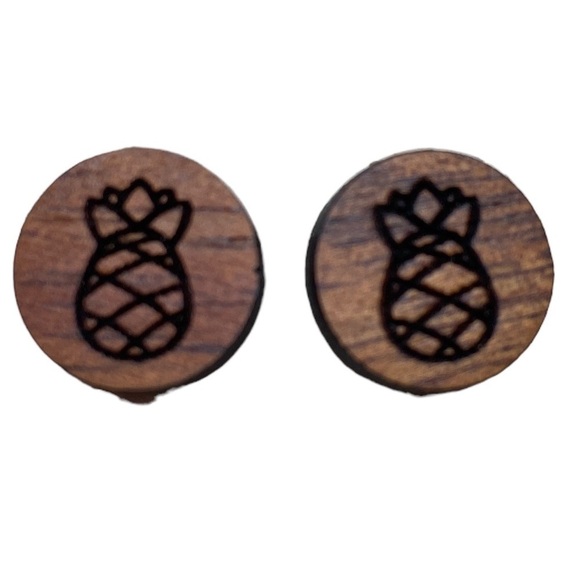 Handmade Hawaiian KOA Wood Laser Engraved Pineapple Stud Post Earrings - Picture 1 of 4
